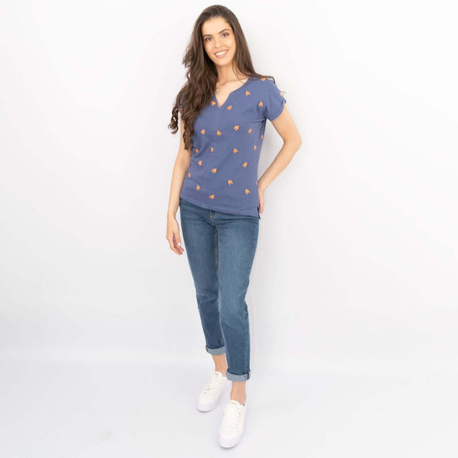 White Stuff Short Sleeve Blue Notch Neck Embroidered Cotton Jersey Tops-Quality Brands Outlet-