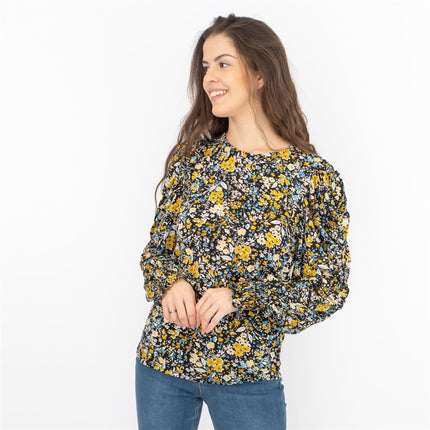 M&Co Black Floral Tops Long Sleeve Round Neck Elasticated Cuffs-Quality Brands Outlet-