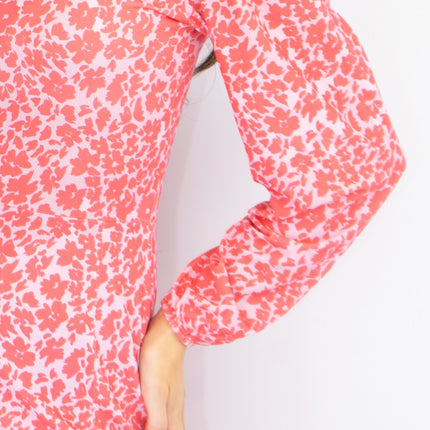 Oasis Pink Long Sleeve Floral Print Slit Summer Long Midi Dresses-Quality Brands Outlet-