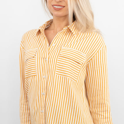 Yellow Striped Long Sleeve Button Through Women's Shirts-Quality Brands Outlet-