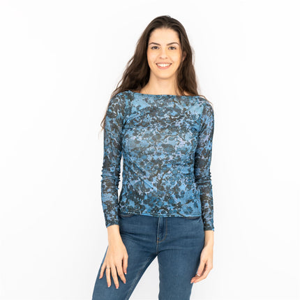 Coast Blue Floral Long Sleeve Boat Neck Mesh Tops-Quality Brands Outlet-