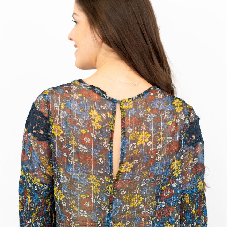 Next Blue Floral with Silver Thread Long Sleeve Lightweight Relaxed Fit Blouses