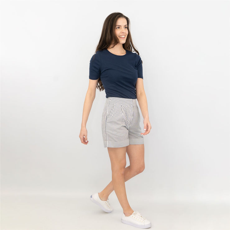 I Saw It First Women White Blue Stripe Casual Shorts with Pockets - Quality Brands Outlet
