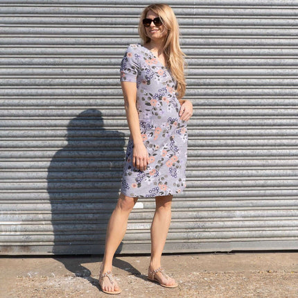M&S Linen Blend Grey Floral Short Sleeve Casual Shift Dress-Quality Brands Outlet-