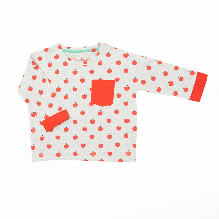 Mini Boden Girls Red Apple T-Shirt Long Sleeve Tops with Patch Pocket