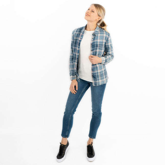 Blue Denim Check Women's Shirts Long Sleeve Button Up Tops-Quality Brands Outlet-