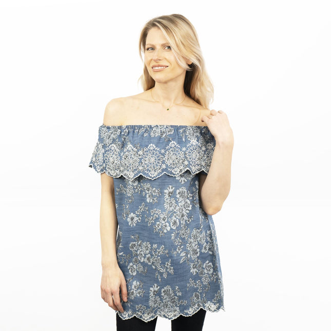 Blue Embroidered Off Shoulder Tunic Longline Women's Tops-Quality Brands Outlet-