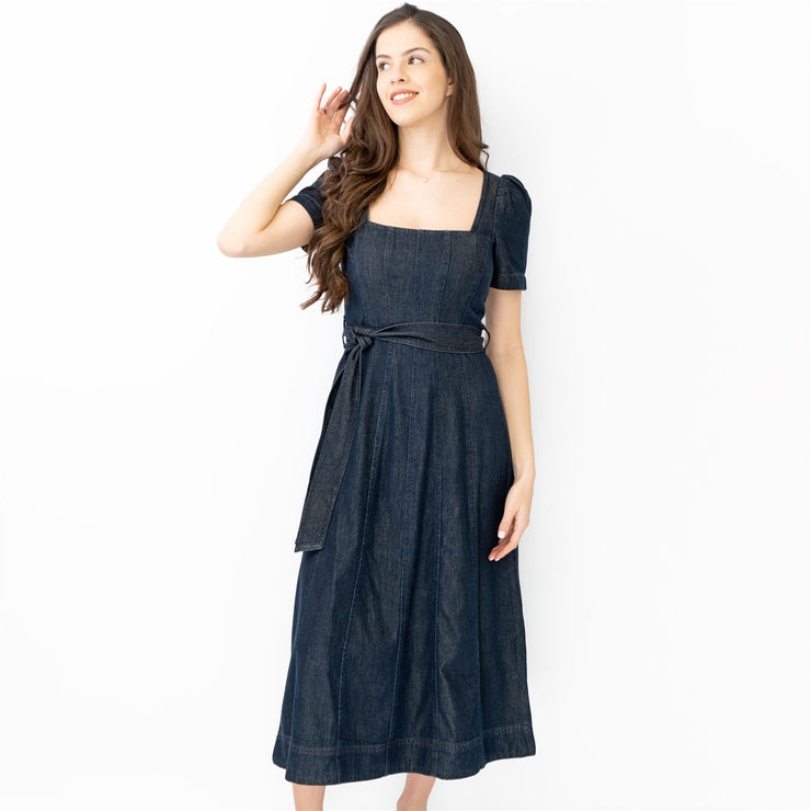 Boden Indigo Denim Short Sleeve Square Neck Belted Flare Midi Dresses