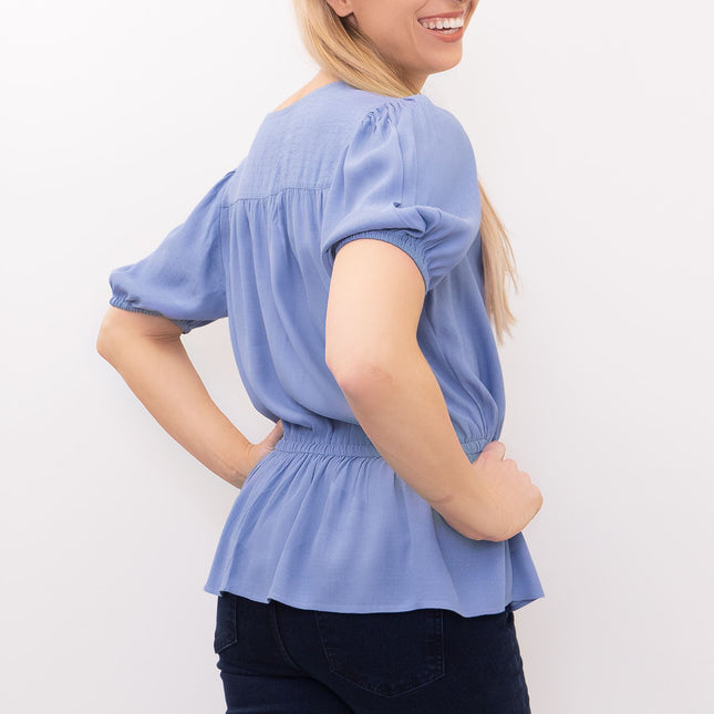 M&S Blue Blouse Elasticated Waist Short Sleeve V-Neckline Tops-Quality Brands Outlet-