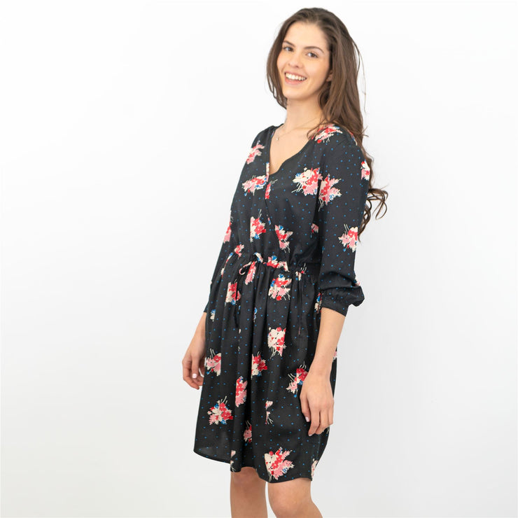 Crew Clothing Women Black Floral 3/4 Sleeve Cross Wrap with Pockets Dresses