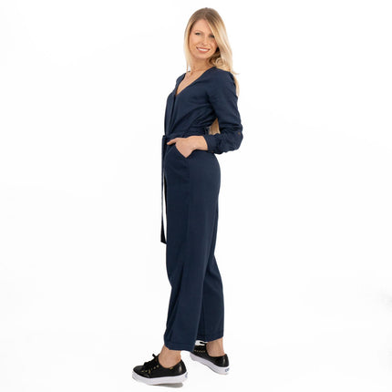 White Stuff Skyline Navy Blue Denim Long Sleeve Relaxed Leg Jumpsuit-Quality Brands Outlet-