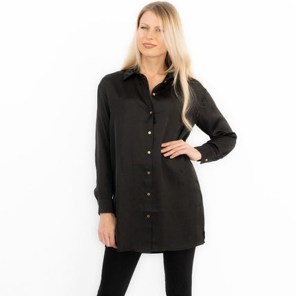 Coast Black Drap Satin Longline Long Sleeve Tunic Shirt-Quality Brands Outlet-