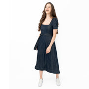 Boden Indigo Denim Short Sleeve Square Neck Belted Flare Midi Dresses