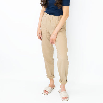 M&S Pure Cotton Tapered Ankle Grazer Elasticated Waist Beige Trousers