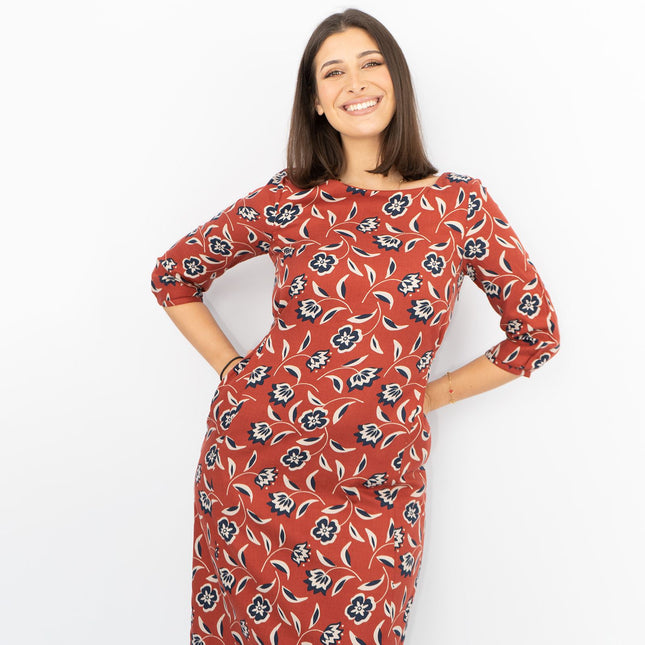 Seasalt 3/4 Sleeve Rust Red Floral Pockets Tie Waist Midi Shift Dresses-Quality Brands Outlet-