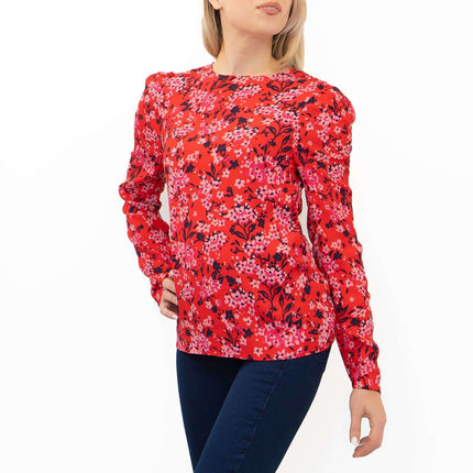 M&S Red Ditsy Floral Print Long Sleeve Lightweight Tops-Quality Brands Outlet-
