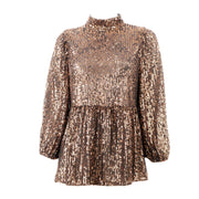 New Look Gold Copper Peplum 3/4 Sleeve Sparkly Sequin Tops for Women Party Christmas Outfits - Quality Brands Outlet