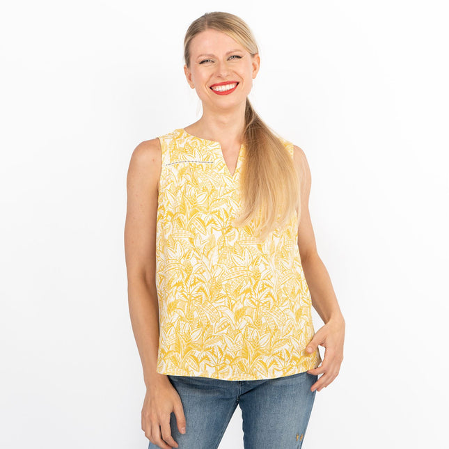 Women's Yellow Floral Sleeveless Casual Lightweight Linen Blend Vests Cami Tops-Quality Brands Outlet-