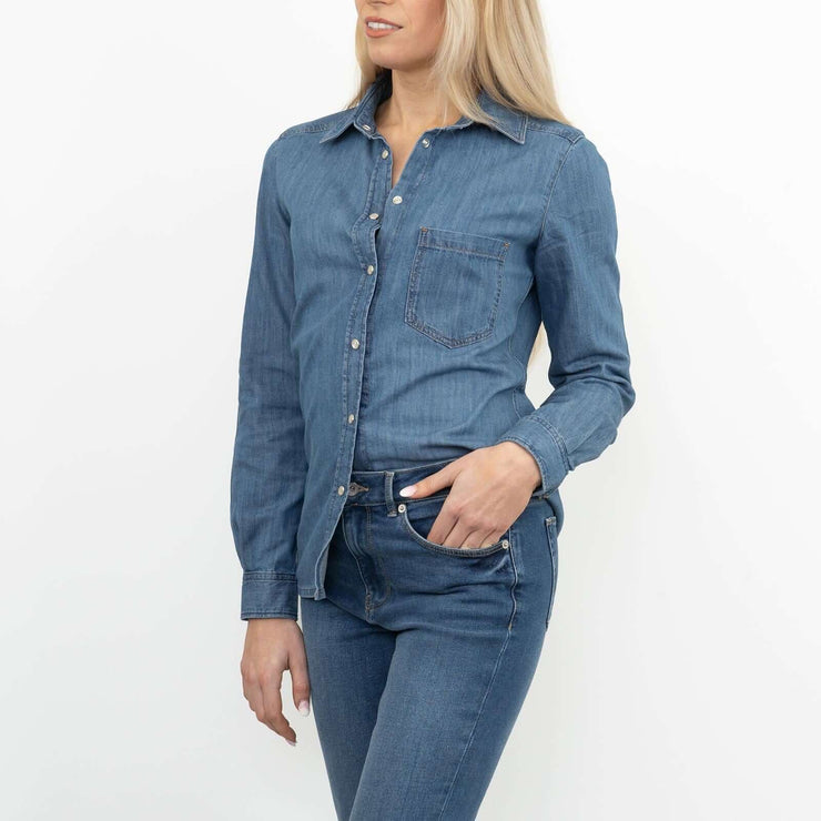 Massimo Dutti Women Blue Denim Long Sleeve Shirt with Pocket