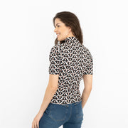 Karen Millen Black Geometric Print High Neck Short Sleeve Tops - Quality Brands Outlet