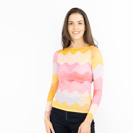 Coast Pink Chevron Print Long Sleeve Boat Neck Mesh Tops-Quality Brands Outlet-