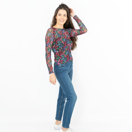 Karen Millen Black Floral Long Sleeve Boat Neck Mesh Tops-Quality Brands Outlet-