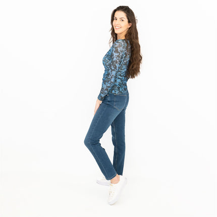 Coast Blue Floral Long Sleeve Boat Neck Mesh Tops-Quality Brands Outlet-