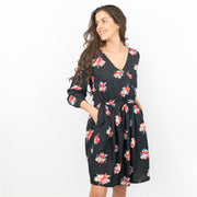 Crew Clothing Women Black Floral 3/4 Sleeve Cross Wrap with Pockets Dresses