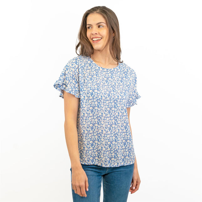M&S Blue Floral Print Lightweight Blouse Frill Short Sleeve Round Neckline Tops-Quality Brands Outlet-