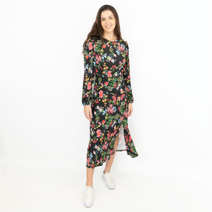 Oasis Slinky Black Jersey Floral Long Sleeve Split Midi Dress-Quality Brands Outlet-