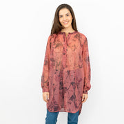 Next Red Floral with Silver Thread Long Sleeve Button-Up Lightweight Tunic Longline Tops - Quality Brands Outlet