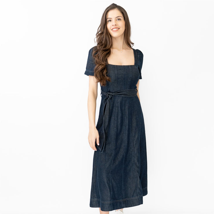 Boden Indigo Denim Short Sleeve Square Neck Belted Flare Midi Dresses