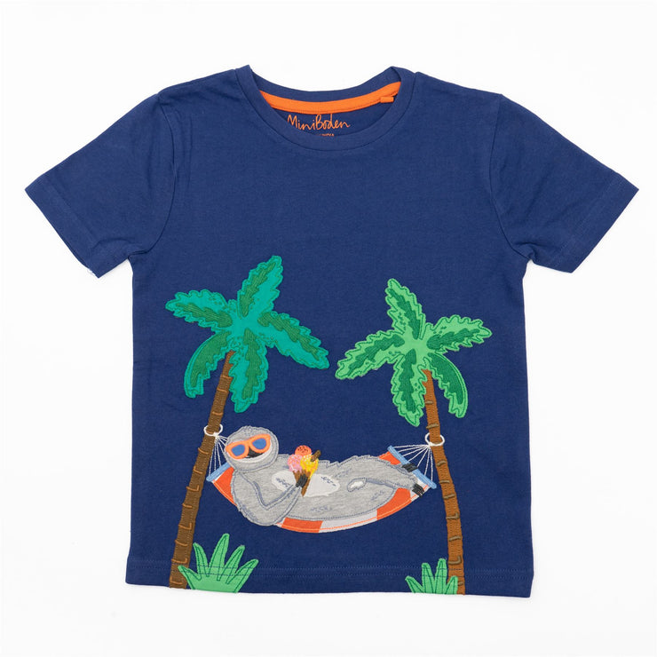 Mini Boden Boys Relaxing Sloth Holiday Navy Blue Short Sleeve Tops - Quality Brands Outlet