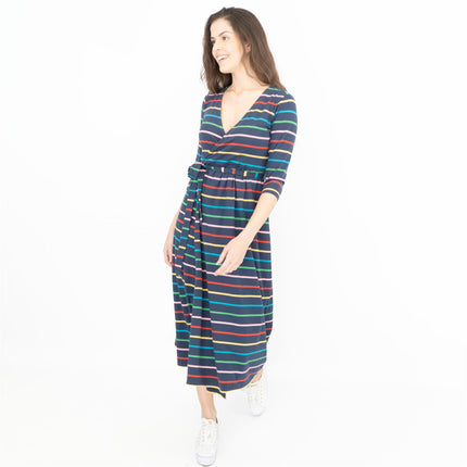 Frugi Rico Stripe Cross Wrap 3/4 Sleeve Maternity Nursing Midi Dress