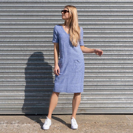M&S Linen Blend Blue Chambray Short Sleeve Shift Dress