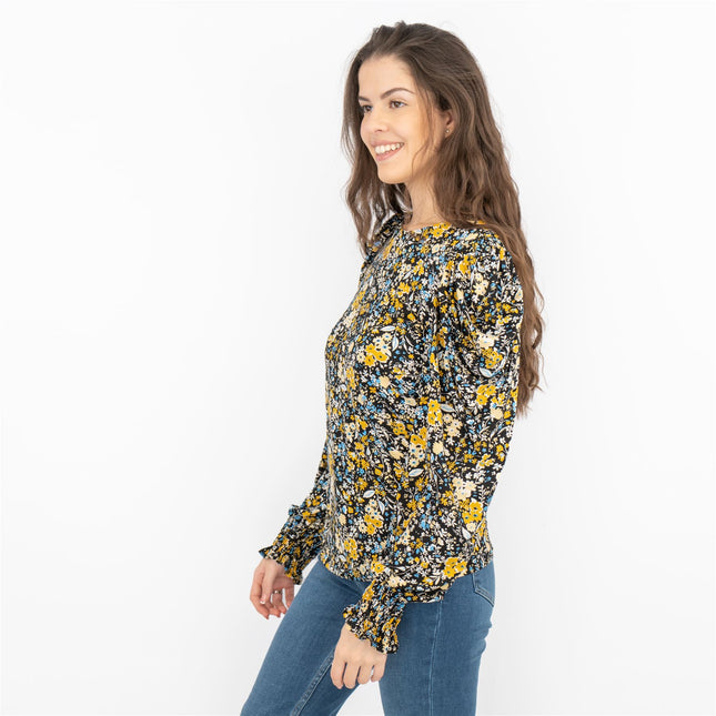 M&Co Black Floral Tops Long Sleeve Round Neck Elasticated Cuffs-Quality Brands Outlet-