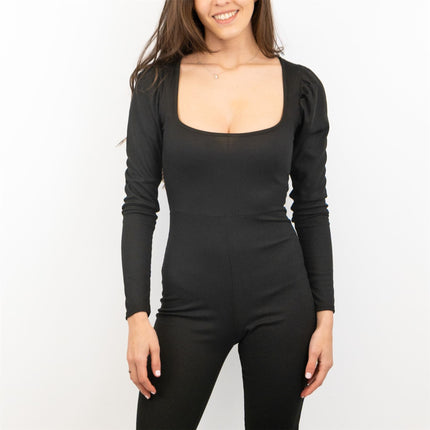 Misspap Ribbed Puff Shoulder Long Sleeve Square Neck Skinny Leg Stretch Bodycon Fit Jumpsuits-Quality Brands Outlet-