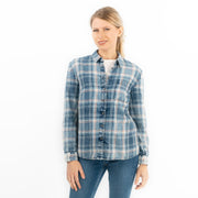 Blue Denim Check Women's Shirts Long Sleeve Button Up Tops