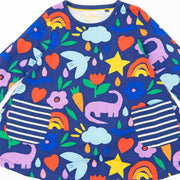 Mini Boden Girls Happy Dino Blue Long Sleeve Flare Dresses - Quality Brands Outlet