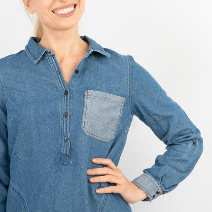 Blue Denim Long Sleeve Casual Tunic Longline Women's Shirts-Quality Brands Outlet-