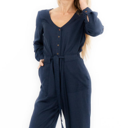 White Stuff Skyline Navy Blue Denim Long Sleeve Relaxed Leg Jumpsuit-Quality Brands Outlet-