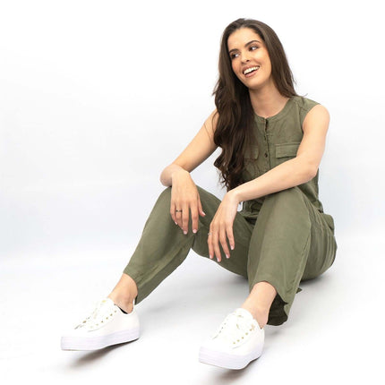 White Stuff Sleeveless Khaki Linen Wide Leg Summer Jumpsuit-Quality Brands Outlet-