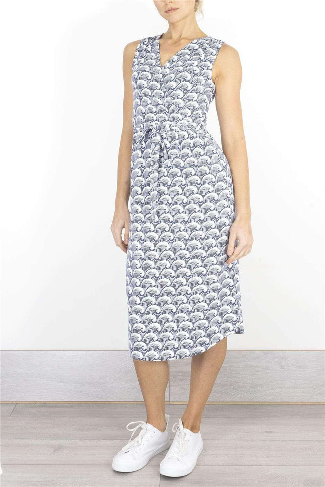 White Stuff Waves Print Cross Wrap Sleeveless Short Dresses-Quality Brands Outlet-