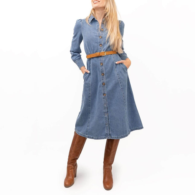 M&S Holly Willoughby Blue Washed Denim Long Sleeve Midi Shirt Dress-Quality Brands Outlet-