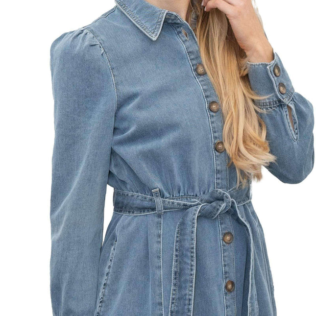 M&S Holly Willoughby Blue Washed Denim Long Sleeve Midi Shirt Dress-Quality Brands Outlet-