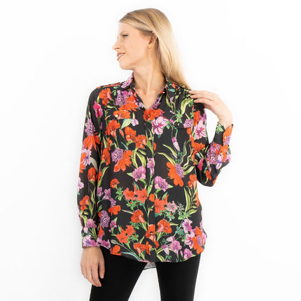 Karen Millen Black Floral Satin Long Sleeve Button-Up Shirts-Quality Brands Outlet-