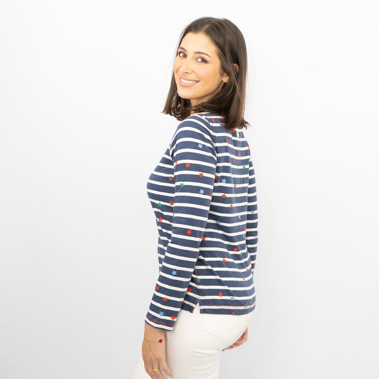 White Stuff Long Sleeve Navy Striped Embroidered Casual Cotton Jersey Tops - Quality Brands Outlet