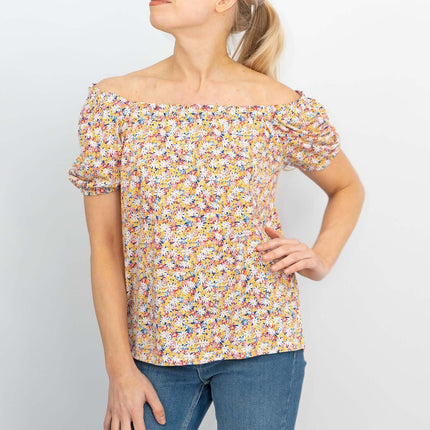 Leia Gathered Off Shoulder Short Sleeve Ditsy Floral Relaxed Tops-Quality Brands Outlet-