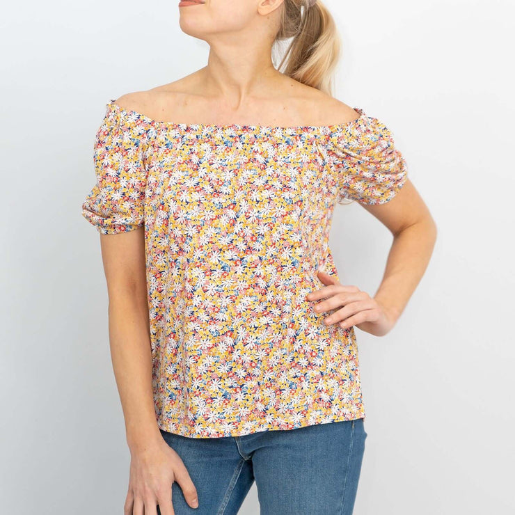 Leia Gathered Off Shoulder Short Sleeve Ditsy Floral Relaxed Tops