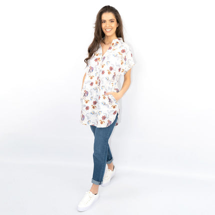 White Stuff Ivory Floral Print Billie Relaxed Linen Tunics Casual Longline Tops-Quality Brands Outlet-